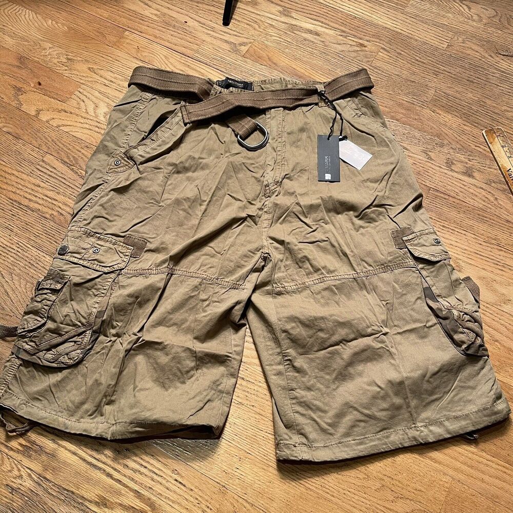 PJ Mark Sz 42 Men's Lightweight Dark Khaki Wide Leg Cargo Shorts with Belt Y2K